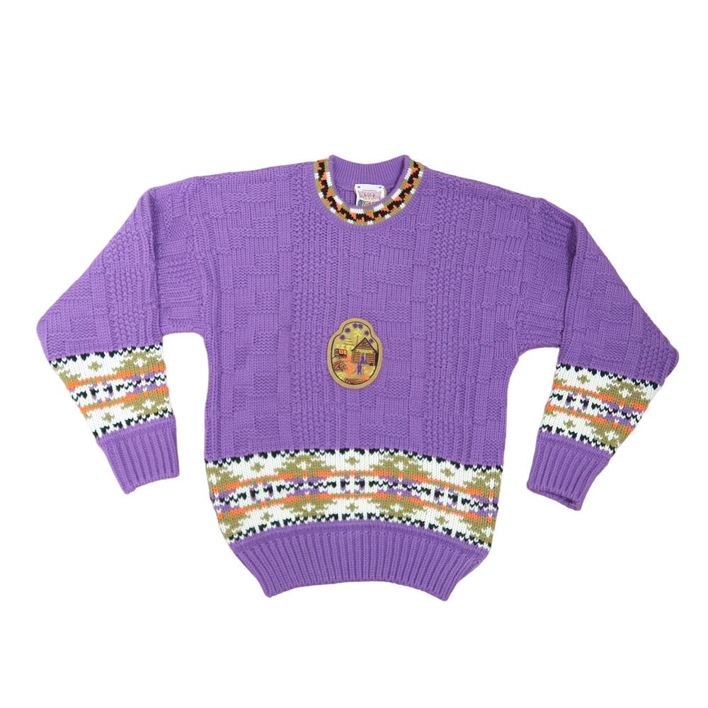 Vintage 70s Lycee Mixte purple fair isle acrylic knit sweater Women M